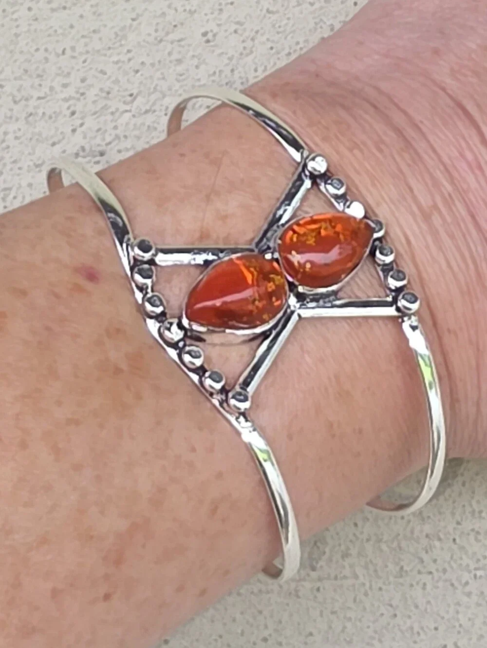 Baltic Amber Cuff Bracelet In 925 Sterling Silver (Adjustable)